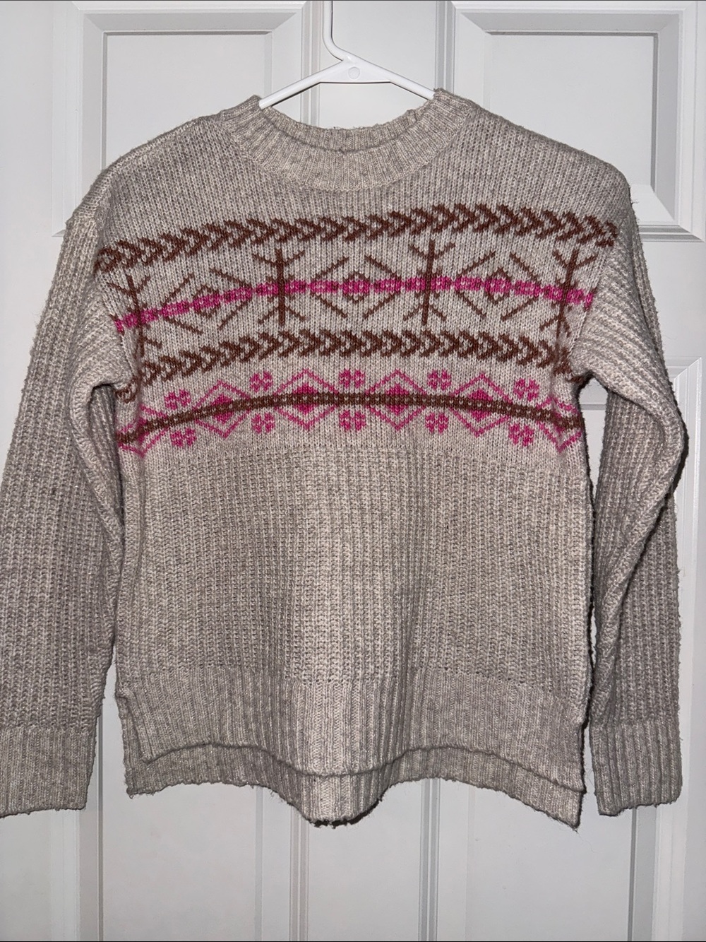 Cream Fair Isle Knit Sweater with Pink & Brown Pattern - Kids